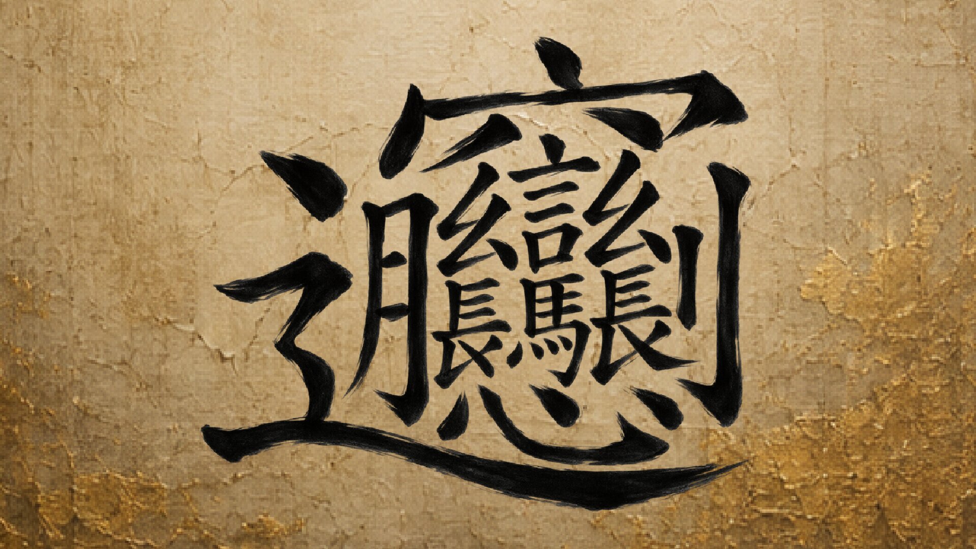 Brush-style rendering of the complex Chinese character biáng (𰻞) on an aged gold background