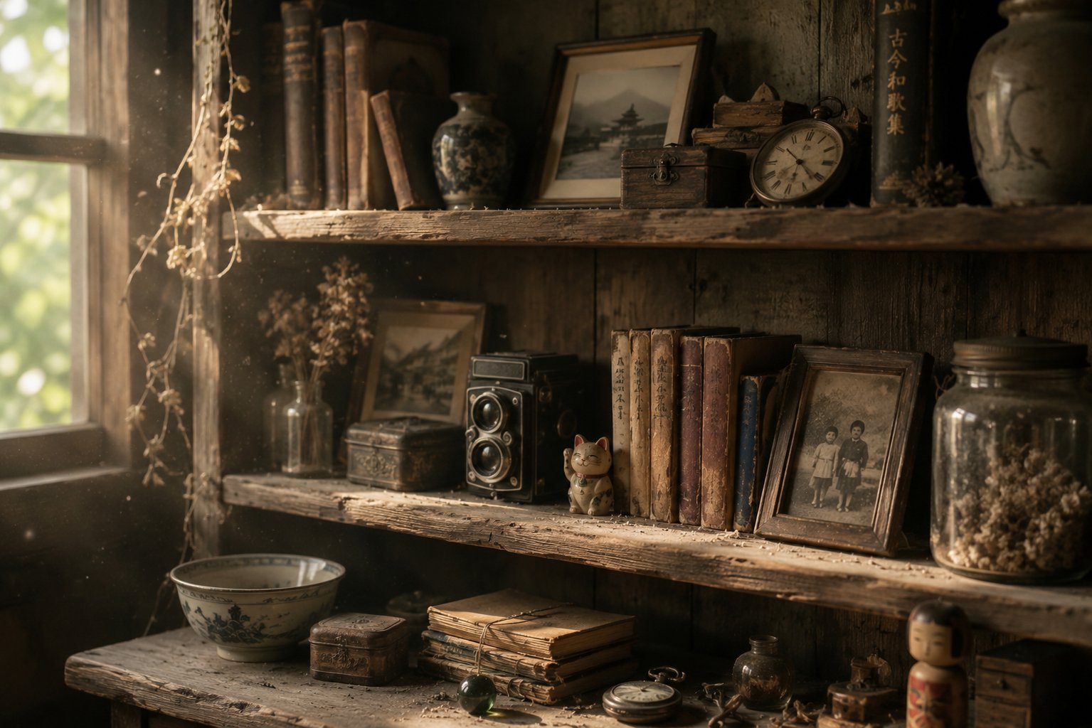 Quiet bookshelf in soft light