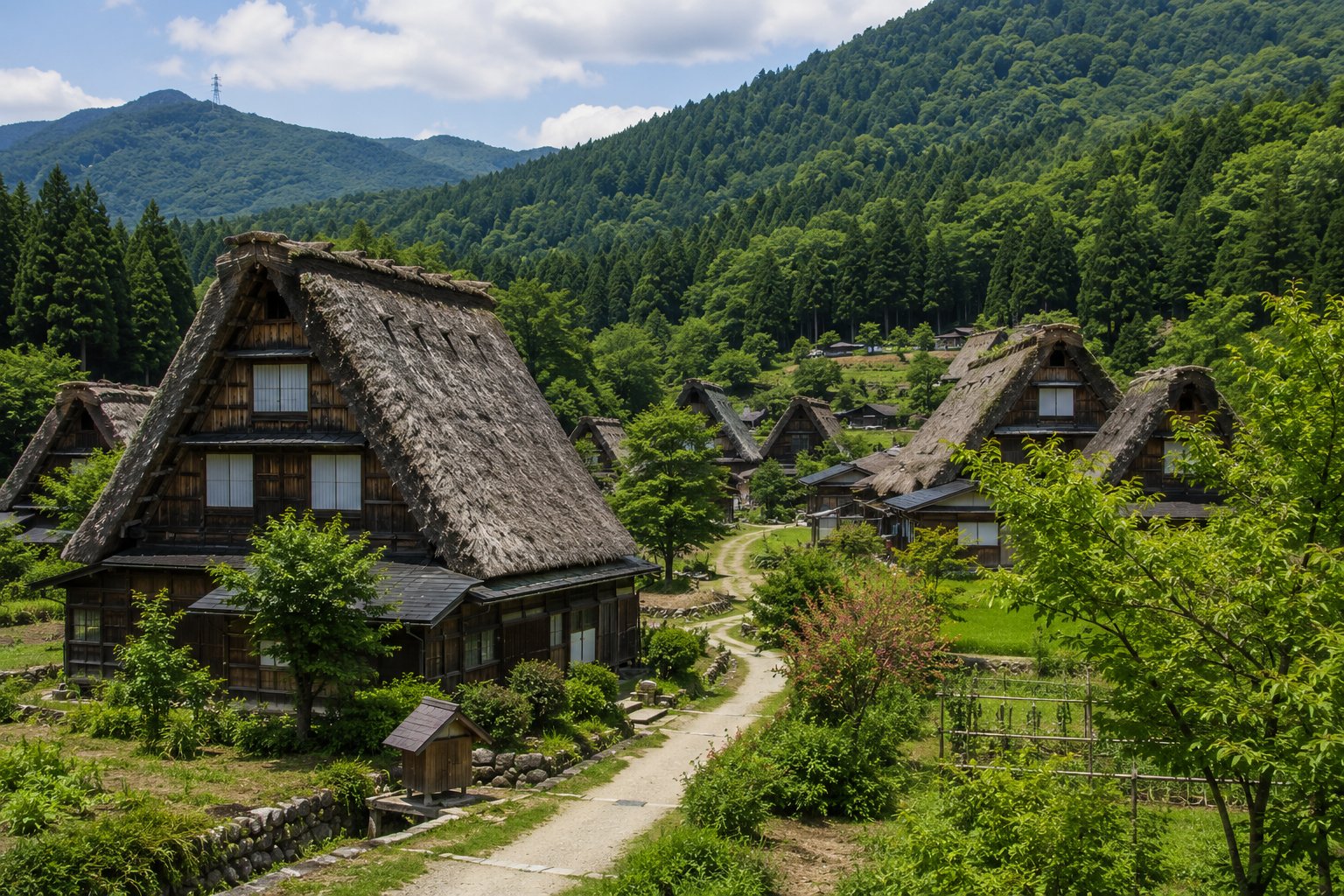 Traditional thatched farmhouses in a mountain village