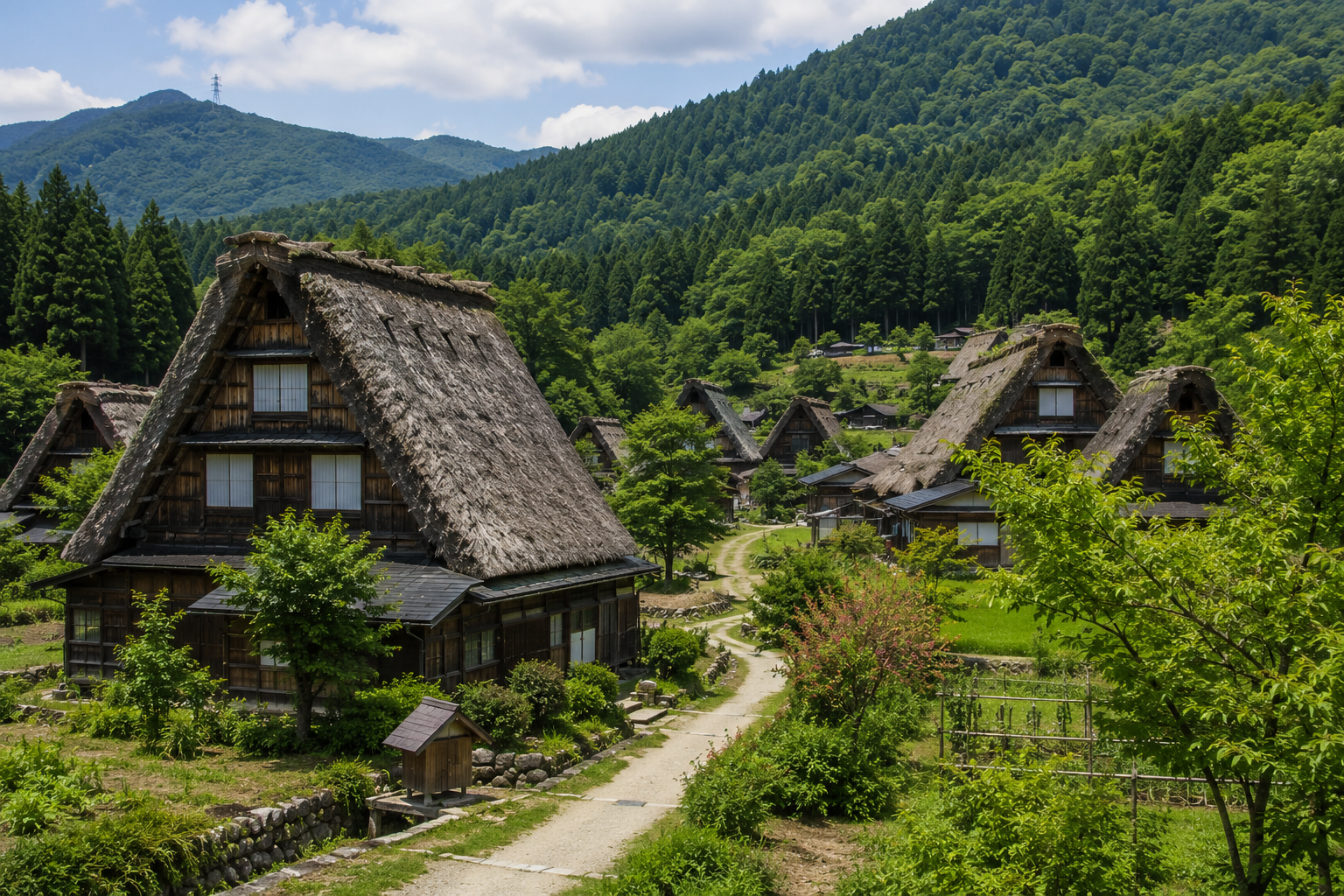 Traditional thatched farmhouses in a mountain village